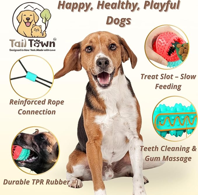 Dog Ball with Rope – Durable TPR Chew Toy for Tug, Fetch & Dental Cleaning – Treat Dispensing Interactive Toy for Small, Medium & Large Dogs – Indoor Outdoor Play Training by Tail Town