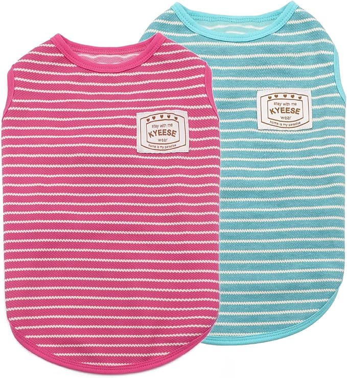 KYEESE 2Pack Dog Shirts Striped for Small Pups Soft Stretchy Pet Tee Lightweight Puppy Tank Top Sleeveless Canine Vest Breathable, X-Large, Rose Red+Blue