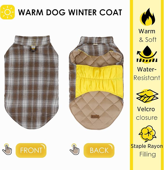 Quilted Dog Winter Coat, Plaid Lined Reversible Vest, Reflective Safety Strip, Cold Weather Pet Apparel Yellow S