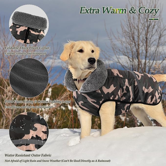 Dogcheer Warm Dog Coat, Waterproof Dog Jacket Christmas Puppy Winter Coat with Buckle, Reflective Adjustable Pet Snow Jacket Fleece Sweater for Small Medium Large Dogs - Dusty Pink Camo, S