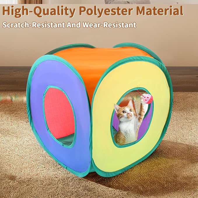 25-Piece Cat Toys Kit with Rainbow Cube Tunnel - Interactive Cat Toy Bundle for Indoor Cats, Kitten Playtime Variety Set Includes Springs, Balls, Mice & Noise Toys
