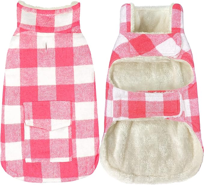 Malier Classic Plaid Fleece Dog Coat Jacket with Pocket, Windproof Warm Winter Pet Apparel for Small Medium Large Dogs (Pink, Large)