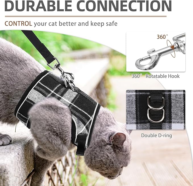 PUPTECK Soft Mesh Cat Vest Harness and Leash Set Puppy Padded Pet Harnesses Escape Proof for Cats Small Dogs Rabbits Bunny, Plaid Black, S