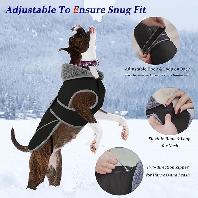 Dogcheer Dog Coat, Waterproof Dog Jacket Reflective Pet Winter Coat with Adjustable Hook & Loop, Christmas Puppy Fleece Jacket Warm Turtleneck Snowsuit for Small Medium Large Dogs - Black, M