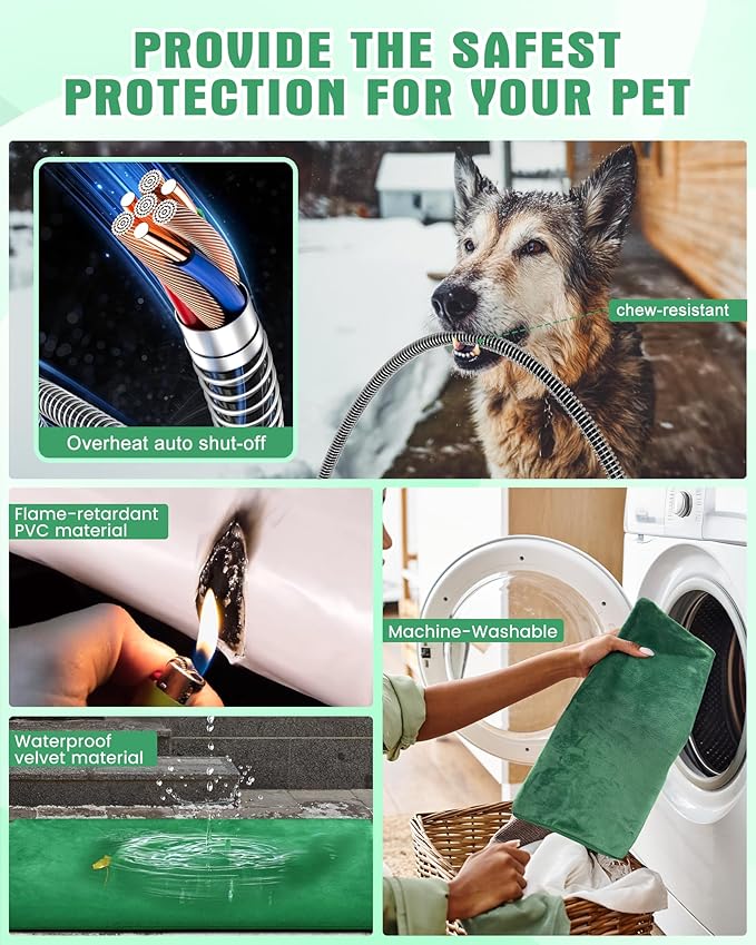 PETNF Outdoor Pet Heating Pad for Cats & Dogs, 100.4-107.6°F Auto Temp Control, Waterproof Fireproof, for Cat House/Dog Kennel/Terrace, Fits Domestic & Stray Pets (Green 15.7"X19.7")