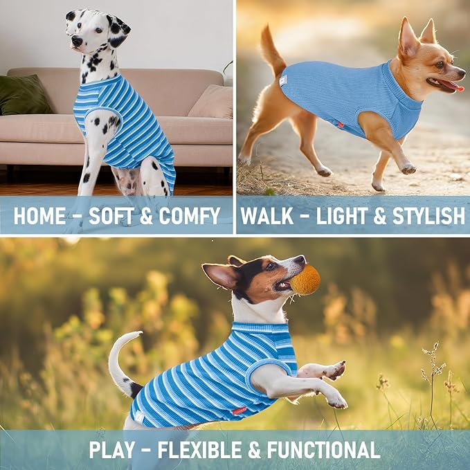KYEESE 2Pack Waffle Dog Shirts for Small Dogs Stretchy Dog T-Shirts Lightweight Pet Tank Top Sleeveless Striped Dogs Shrit Vest Breathable, Large, Blue+Striped