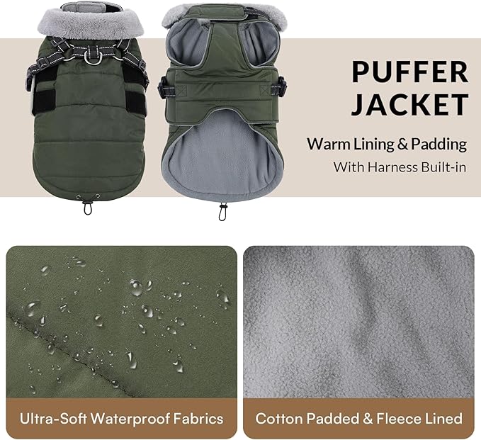 Queenmore Small Winter Dog Coat with Harness Built-in, Waterproof Winter Jackets for Small Dogs, Puppy Warm Puffer Jacket for Snow/Cold Weather - Fleece Reflective Easy On Velcro Closure, Green S
