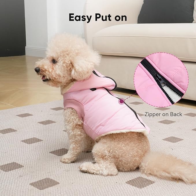 Fleece Lining Dog Hoodie with Harness Built in,Extra Warm Small Dog Jacket in Winter Puppy Coats with Hooded,Light Pink S