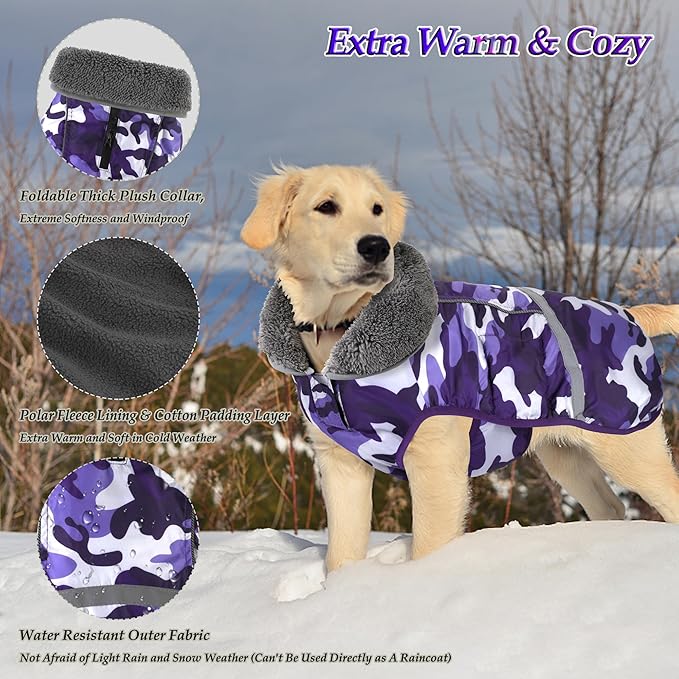 Dogcheer Warm Dog Coat, Waterproof Dog Jacket Christmas Puppy Winter Coat with Buckle, Reflective Adjustable Pet Snow Jacket Turtleneck Fleece Sweater for Small Medium Large Dogs - Camo Purple, L