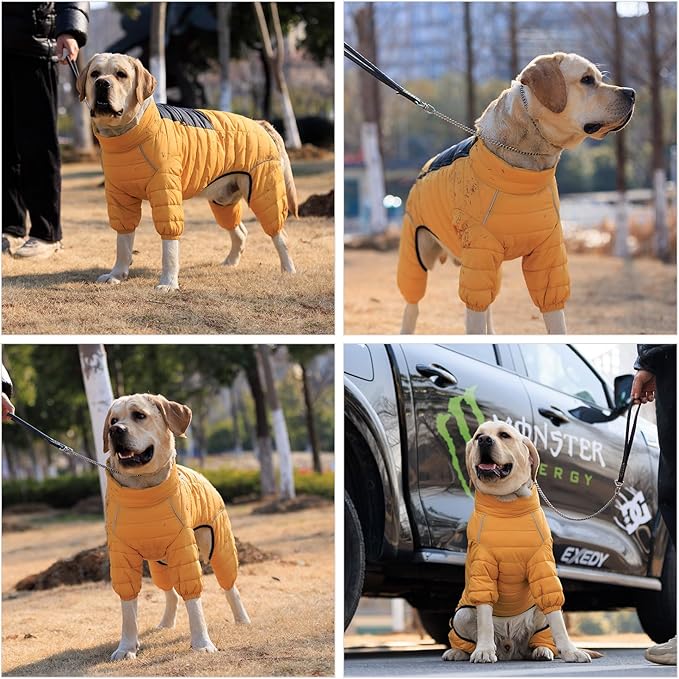Lovelonglong Dog Coat Dog Warm Jacket, 4 Legs Covered Waterproof Windproof Reflective Warm Dog Vest, Zippered Adjustable Outdoor Dog Snow Jacket for Small Medium Large Dogs Yellow S