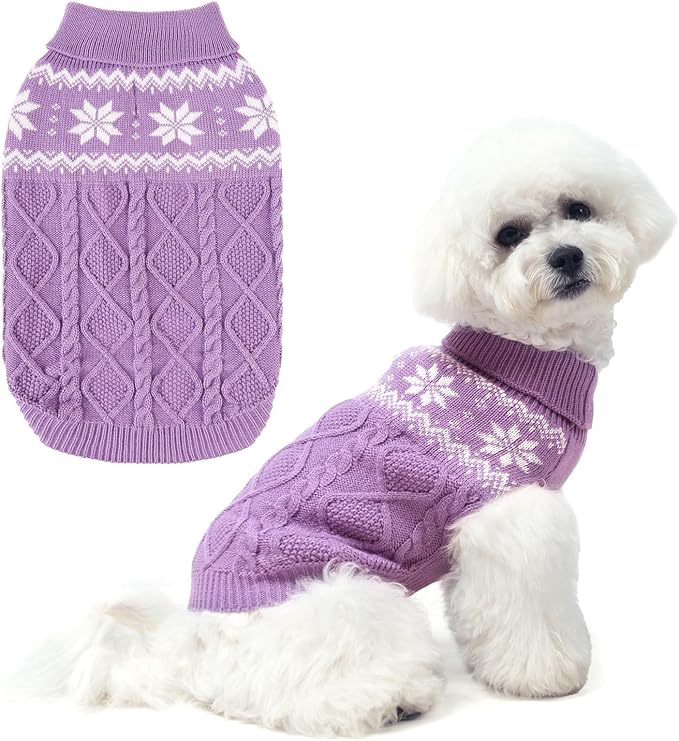 Warm Winter Pink Dog Sweater - Cold Weather Pet Clothes for Small Medium Large Dogs Indoor Outdoor, Soft Classic Knit Puppy Apparel Coat, Purple, XS