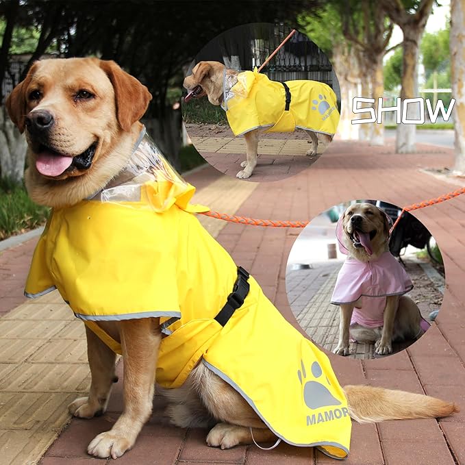 MAMORE Dog Raincoat Waterproof, Lightweight Adjustable Dog Rain Coat Hooded Poncho with Reflective Strip for Large Medium Small Dogs (Pink, XX-Large)