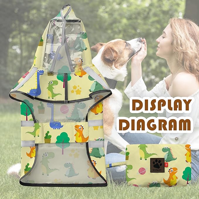 Dog Raincoat, Adjustable Rain Jacket with Hooded Double Layer for Large Medium Small Dogs Puppies, Lightweight Waterproof Rain Coat Poncho with Reflective Stripe Dinosaurs Yellow,XXL