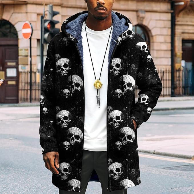 LIZALIG Long Hooded Cardigan Men Japanese Art Style Fashion Cool Graphic Coats Winter Warm Lined Fleece Jacket