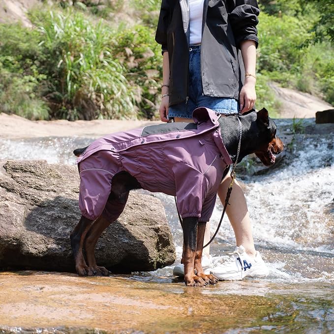 LOVELONGLONG Waterproof Dog Raincoat with Removable Hood – Outdoor Full Body Dog Jacket, Windproof Snowproof Shell Suit – All Season Pet Rain Gear Plum Purple XS