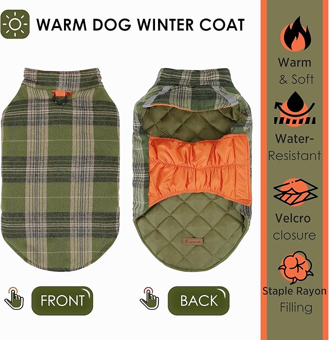 Quilted Dog Winter Coat, Plaid Lined Reversible Vest, Reflective Safety Strip, Cold Weather Pet Apparel Army Green XXS