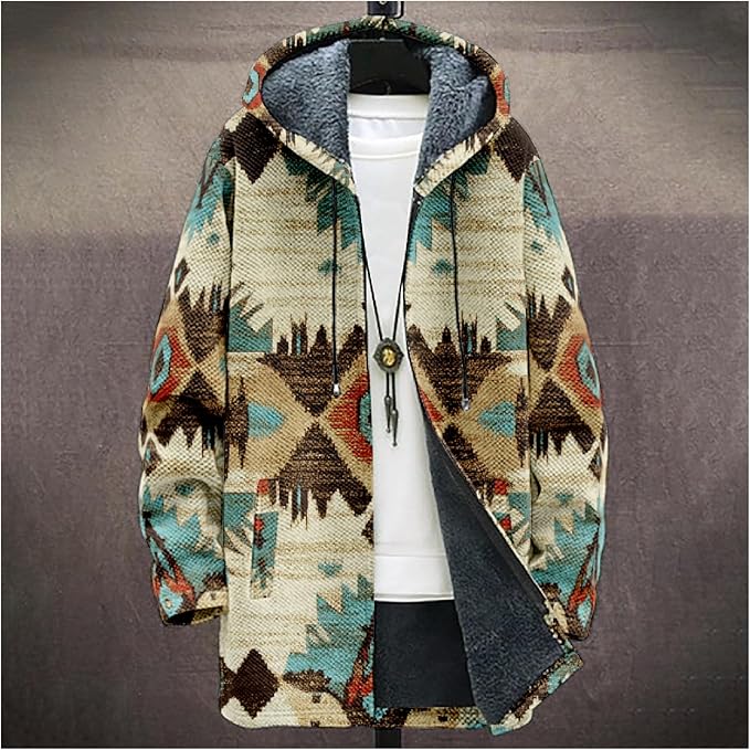 Mens Aztec Print Hoodie Heavyweight Cotton Fleece Jacket Zip Up Warm Long Sleeve Hooded Winter Midi Coat