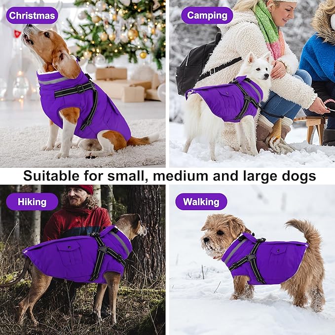 Dogcheer Dog Coat with Harness, Waterproof Warm Dog Winter Jacket with Pockets, Reflective Pet Fleece Jacket Turtleneck Snowsuit for Small Medium Large Dogs - Purple, S