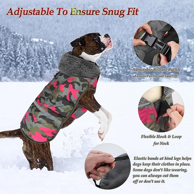 Dogcheer Warm Dog Coat, Waterproof Dog Jacket Reflective Adjustable Puppy Winter Coat with Buckle, Christmas Pet Snow Jacket Turtleneck Fleece Sweater for Small Medium Large Dogs - Camo Pink, 3XL