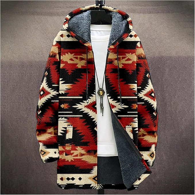 Mens Aztec Print Hoodie Heavyweight Cotton Fleece Jacket Zip Up Warm Long Sleeve Hooded Winter Midi Coat