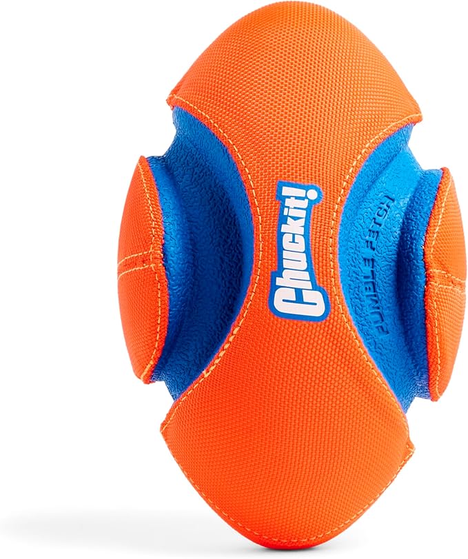 Chuckit! Fumble Fetch Dog Football - Outdoor and Indoor Interactive Dog Toy with Grooved Design for Easy Pickup - Made from Durable Rubber - Floats in Water - Small - Orange and Blue