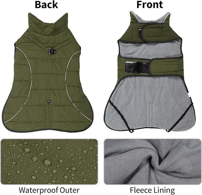 HEYWEAN Dog Winter Coat - Waterproof Windproof Reflective Vest for Medium & Large Breeds Adjustable Warm FleeceLined Jacket with Magic Tape & D-Ring for Leash Cold Weather Apparel (Green, XX-Large)