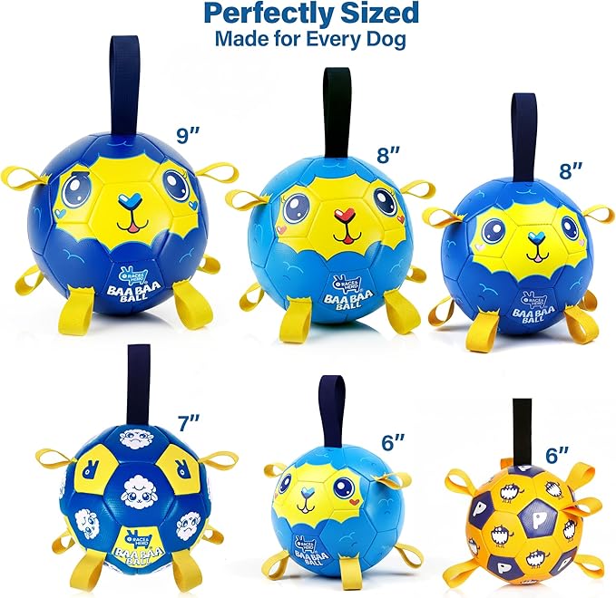 Race&Herd 8" Jolly Soccer Ball for Dogs - Tough Durable Dog Ball Toy with Straps, Pet Bouncy Herding Balls for Dogs, Floating Dog Balls with Tags for Water Fetch (BaaBaaBall, BaaBaa Sheep)