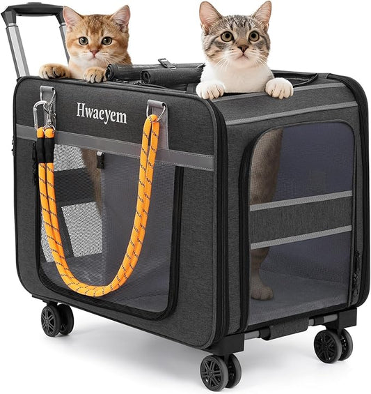Extra Large Pet Cat Carrier with Wheels, Rolling Pet Carrier for 2 Cats or Medium Dog, 24" X 15" X 17" Portable Dog Cat Crate for Large Cat, Support up to 40 Lbs, Grey