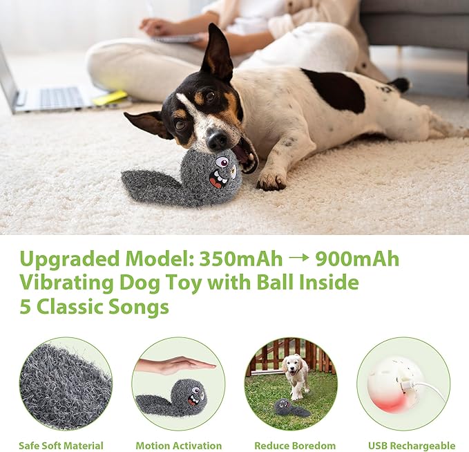 PETGEEK Interactive Squeaky Dog Toy, Upgraded Automatic Moving Vibrating Dog Ball with Plush Cover, 900mAh Rechargeable Bouncing Ball with Recording Music Mode, Crinkle Dog Toy for Pet Boredom, Grey