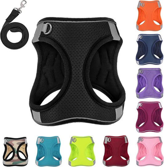 Dog Harness with Leash Set, No-Pull Step-in Reflective Pet Harness with 1 Leash Clips, Adjustable Soft Padded Easy Walk Dog Vest for Small Medium Large Dogs, Cats(Carbon Black, Large)