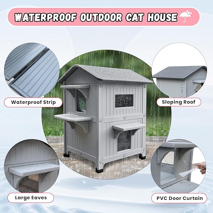 Plastic Outdoor Cat House - Cat House for Outside with Insulated Liner for Winter，100% Weatherproof Cat Houses for with Escape Door, Feral Cat Shelter for Porch Barns Strays
