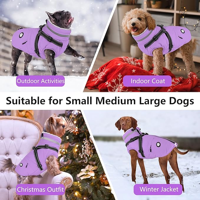 Dogcheer Dog Coat with Harness, Waterproof Dog Jacket, Reflective Puppy Winter Jacket with Pocket, Doggy Turtleneck Fleece Vest for Small Medium Large Dogs - Taro Purple, L