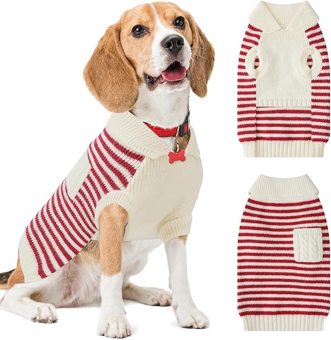 Small Dog Sweater, Knitted Striped Pullover Dog Clothes for Cold Weather, Thick Warm Cozy Stretchy Sweater for Chihuahua, Bulldog, Dachshund, Pug(Red & White Strip, XXL)