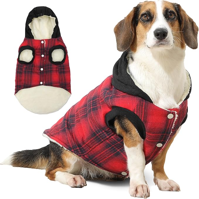 Fleece Lining Dog Hoodie for Large Dogs Extra Warm Plaid Sweater with Drawstring Hooded Coats in Winter Doggie Jacket,Red XXXL