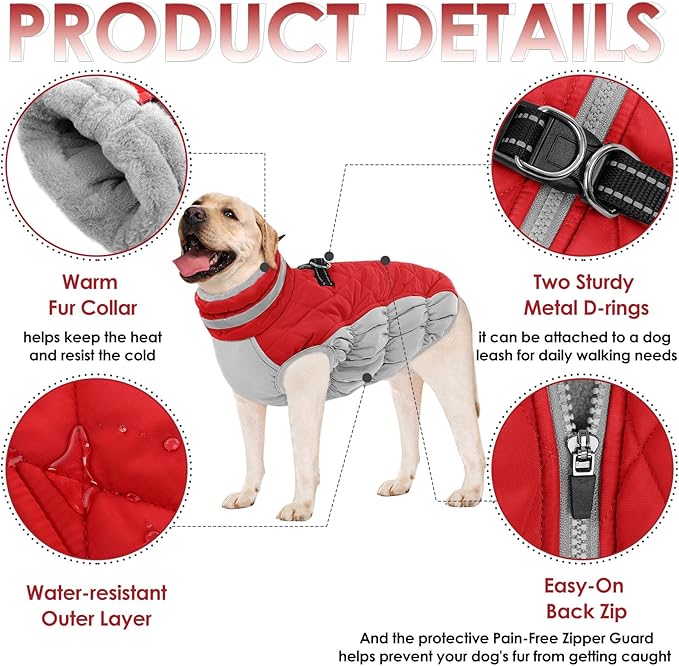 AOFITEE Dog Coat, Warm Dog Winter Coat for Large Dogs, Reflective Turtleneck Dogs Jacket with Harness Built in, Waterproof Windproof Pet Puffer Jacket Fleece Vest for Cold Weather, Christmas Red