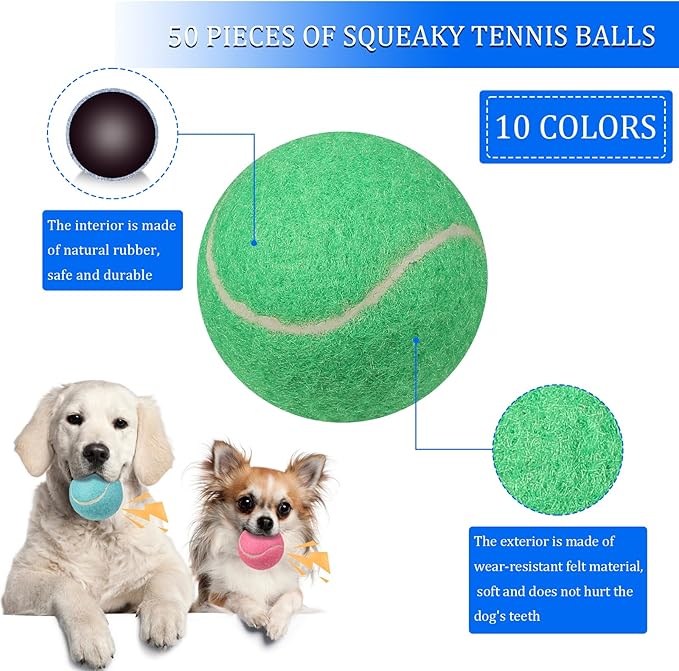 Liliful 50 Pieces 2.5'' Dog Squeaky Tennis Balls for Pet Playing Medium Large Dogs Puppy Balls for Training Toy with Squeaker Easy Fetch Play Exercise(Multicolor)