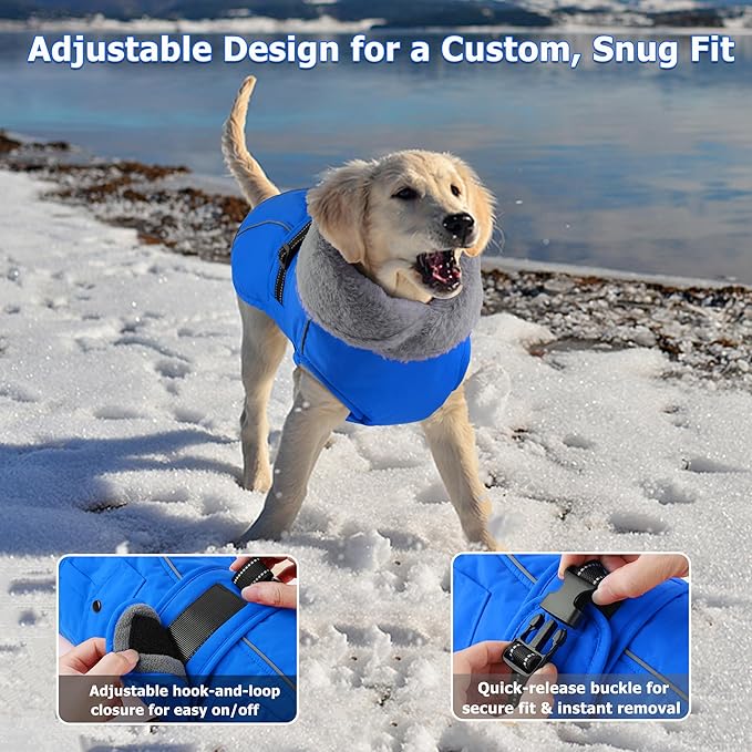 Dogcheer Dog Coat with Pocket, Waterproof Dog Jacket with Adjustable Buckle, Reflective Puppy Winter Coat Warm Turtleneck Fleece SnowJacket for Small Medium Large Dogs - Blue M