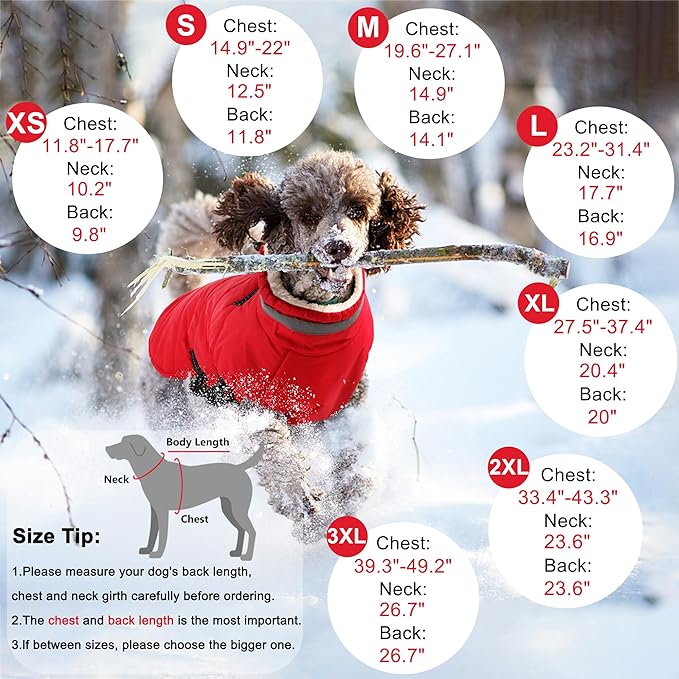 Dogcheer Dog Coat with Harness, Waterproof Dog Jacket Adjustable Pet Winter Coat with Zipper, Christmas Puppy Snow Jacket Fleece Sweater for Small Medium Large Dogs - Red XS