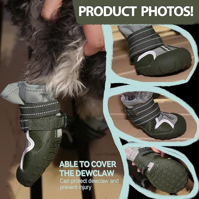 Dog Shoes for Large Small Medium Dogs,Dog Booties for Indoor Hardfloors Anti-Slip,Reflective Strip Waterproof Dog Boots & Paw Protectors for Outdoor Walking Hot Pavement,Winter Snow (Green-6)