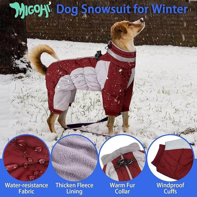 MIGOHI Full Body Dog Coat - Warm Reflective Large Dog Winter Coat with Harness,Turtleneck Fleece Jacket for Dogs,Four-Leg Windproof Puffer Jackets Snowsuit with Zipper for Small Medium Large Dogs,3XL