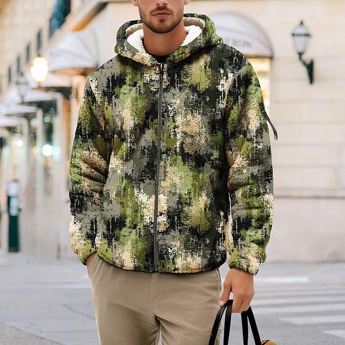 Men's Camouflage Hunting Fleece Lined Hoodie Camo Jackets Zip Up Long Sleeve Casual Winter Coats Hood Outerwear