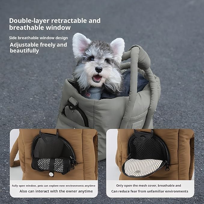 Dog Walking Bag Sling, Dog Carrier Purse with Safety Leash Clip,Warm Soft Sided Pet Carrier Purse for Small Medium Dogs Cats Portable Hands-Free Shoulder Tote for Outdoor Travel (Dark Brown)