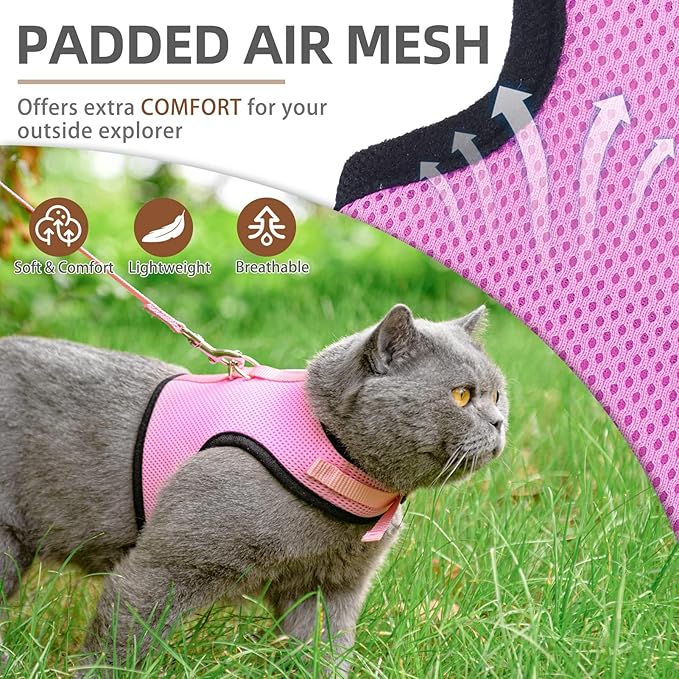 PUPTECK Soft Mesh Cat Vest Harness and Leash Set Puppy Padded Pet Harnesses Escape Proof for Cats Small Dogs, Pink Medium