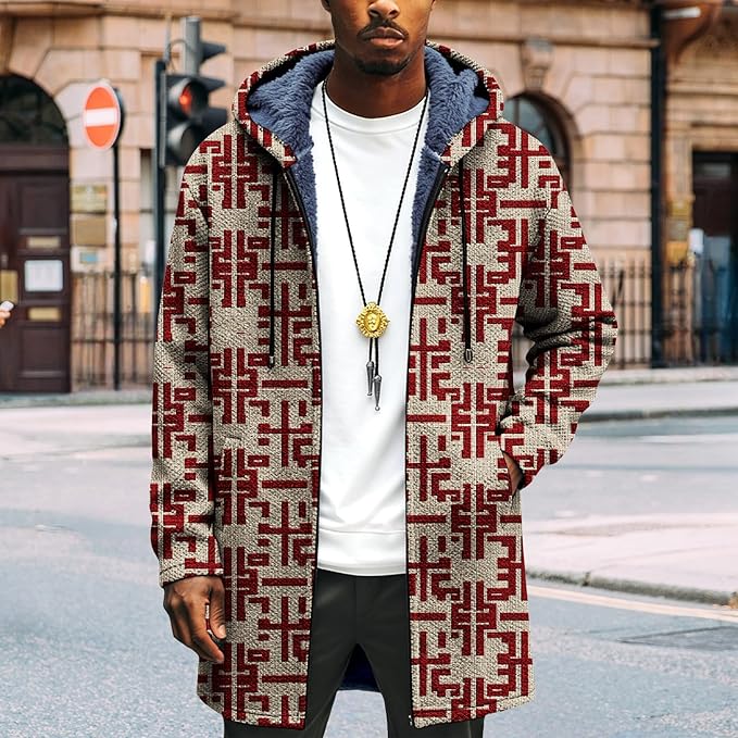Mens Long Cardigan Hoodies Full Zip Fleece Lined Jackets Fashion Knitted Color Block Hooded Coat with Pockets