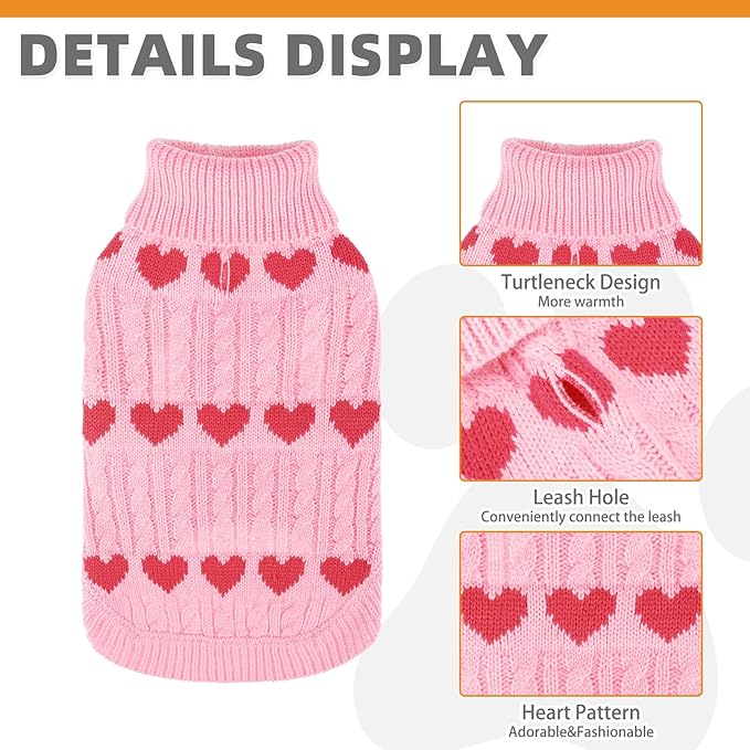 KOOLTAIL Cable Knit Dog Sweater Turtleneck, Cold Weather Pullover Classic Knitwear, Snowflake Pattern Thick Warm Winter Pet Clothes,Dog Christmas Sweater for Small Medium Large Dogs,Pink Heart SM