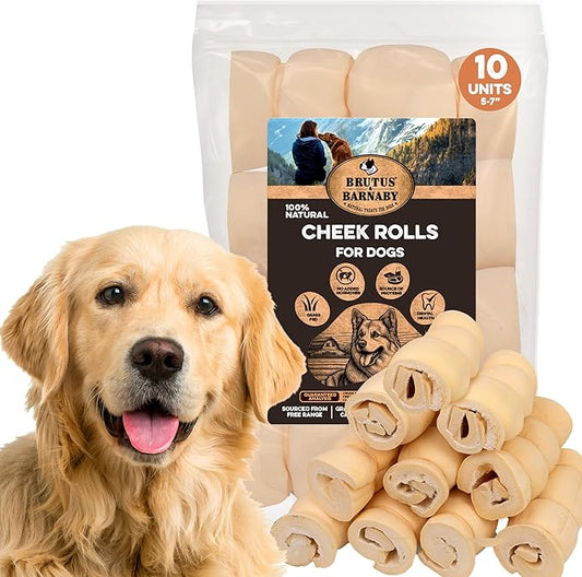 Premium Beef Cheek Rolls for Dogs 5-7" - (10-Pack) Long Lasting, Safe & Natural Rawhide Alternative Chews, Ideal for Large Dogs & Aggressive Chewers, Supports Dental Health & Digestion