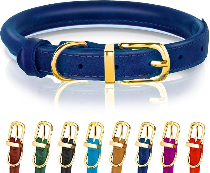 OOPSDOGGY Reflective Rolled Leather Dog Collar Adjustable Soft Padded Pet Collar for Small Medium Large Breed Dogs (Blue, XL, 17"-21")