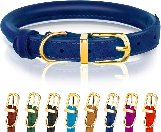 OOPSDOGGY Reflective Rolled Leather Dog Collar Adjustable Soft Padded Pet Collar for Small Medium Large Breed Dogs (Blue, L, 14"-18")