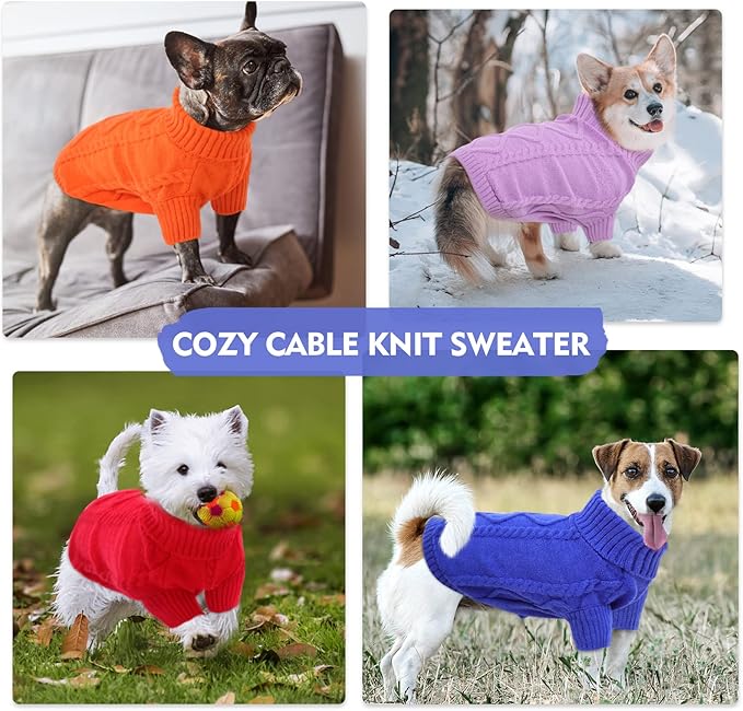 Queenmore Small Dog Pullover Sweater, Cold Weather Cable Knitwear, Classic Turtleneck Thick Warm Clothes for Chihuahua, Bulldog, Dachshund, Pug (Royal Blue, Medium)
