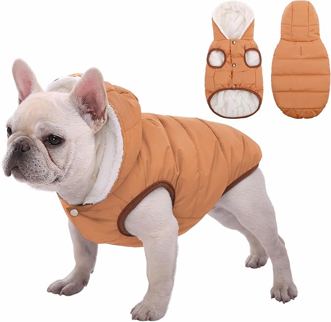 Fleece Hoodie, Windproof Waterproof Coat, Winter Warm Jacket, Cold Weather Pet Apparel Clothes Vest for Small Medium Large Dogs, Khaki, M